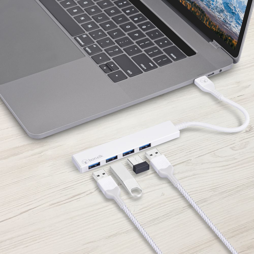 Bonelk Long-Life Male USB-A to 4-Port Female USB 3.0 Slim Hub - White