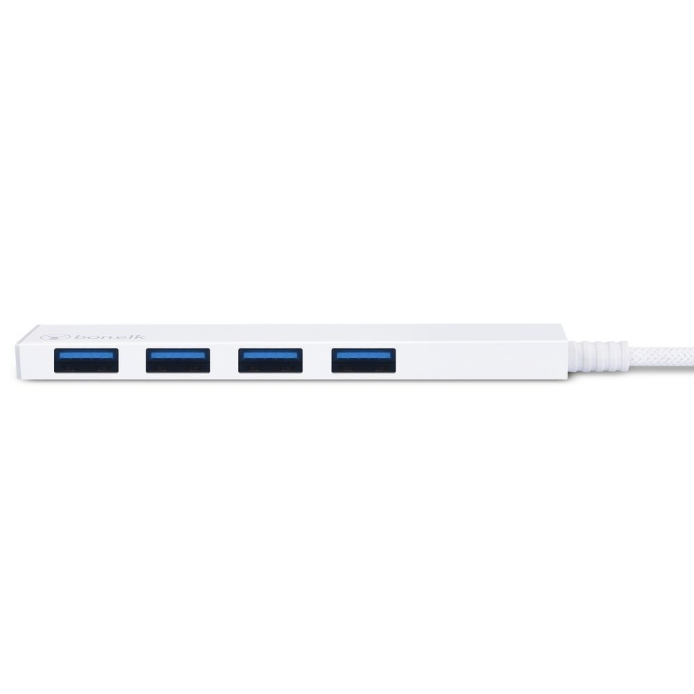 Bonelk Long-Life Male USB-A to 4-Port Female USB 3.0 Slim Hub - White