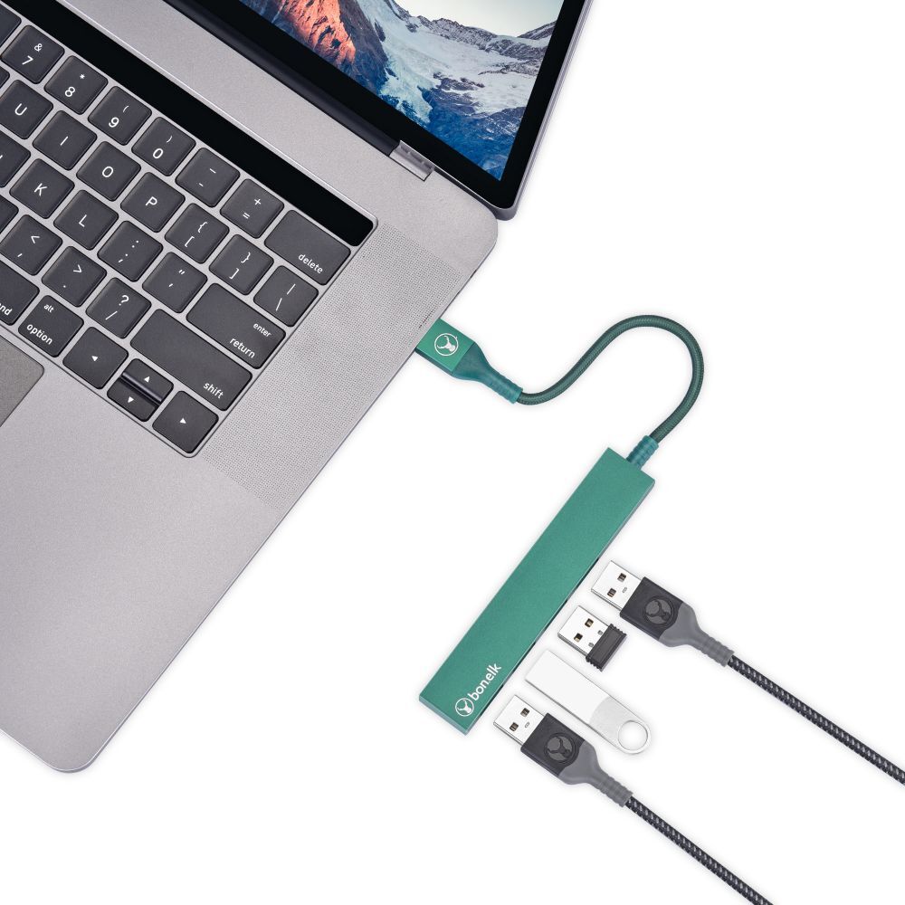Bonelk Long-Life Male USB-A to 4-Port Female USB 3.0 Slim Hub - Green