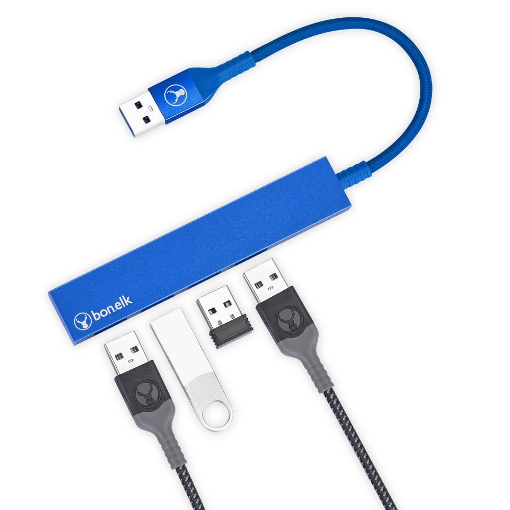 Bonelk Long-Life Male USB-A to 4-Port Female USB 3.0 Slim Hub - Blue