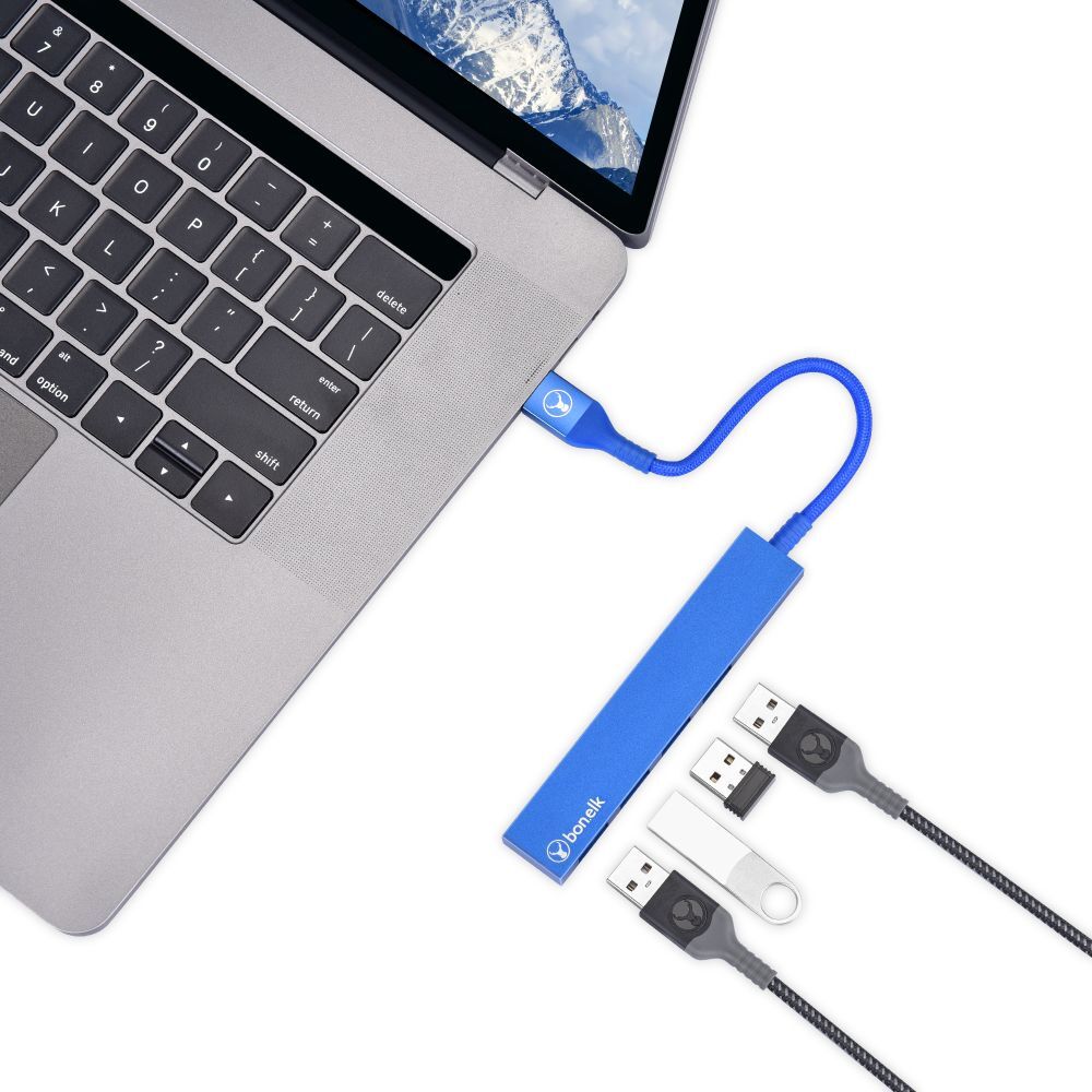 Bonelk Long-Life Male USB-A to 4-Port Female USB 3.0 Slim Hub - Blue