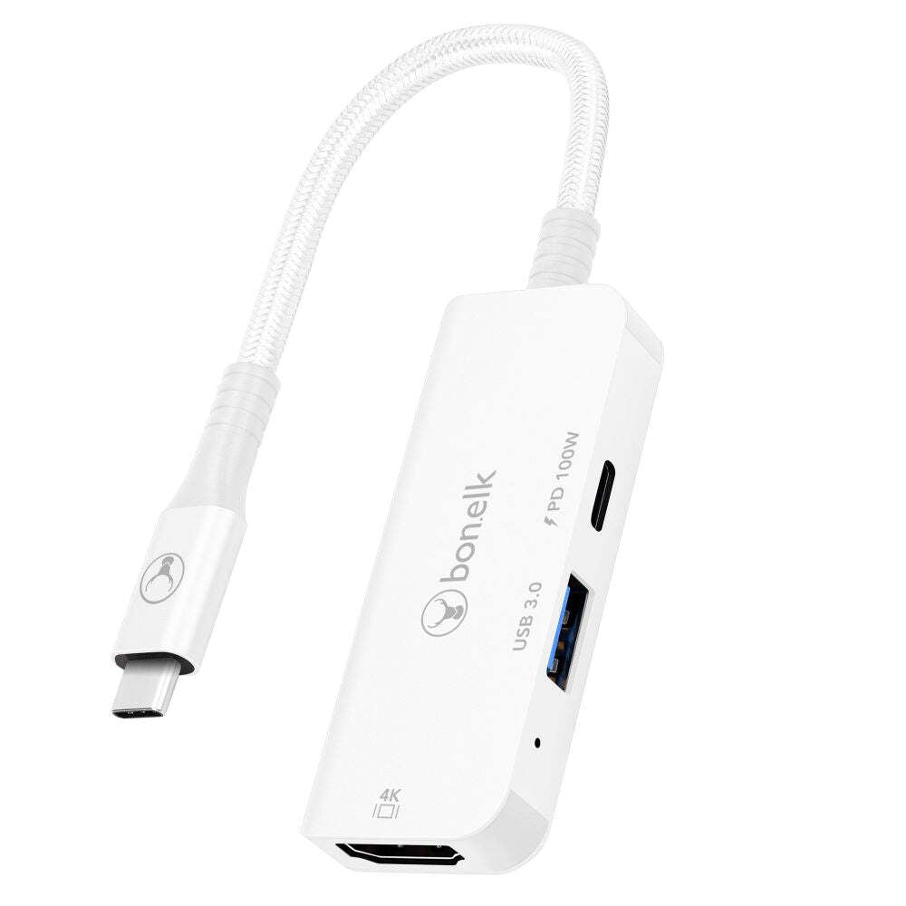 Bonelk Long-Life 3in1 USB-C M to F HDMI/USB MultiPort Hub For PC - White