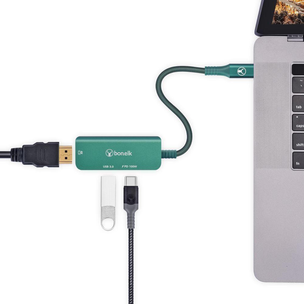 Bonelk Long-Life 3in1 USB-C M to F HDMI/USB MultiPort Hub For PC - Green