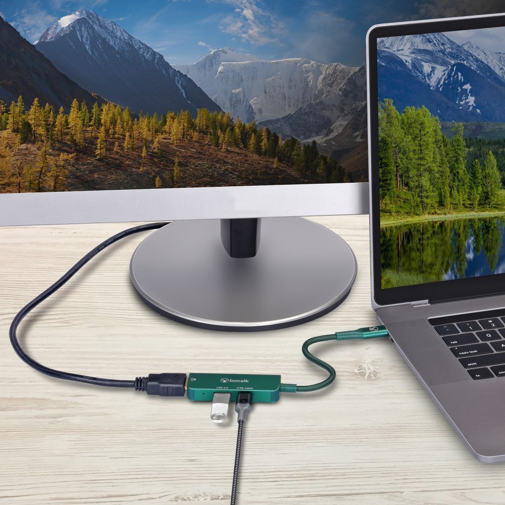 Bonelk Long-Life 3in1 USB-C M to F HDMI/USB MultiPort Hub For PC - Green