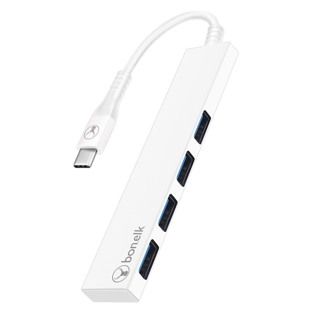 Bonelk Long-Life USB-C to 4-Port USB 3.0 Slim Hub For Laptop/PC - White