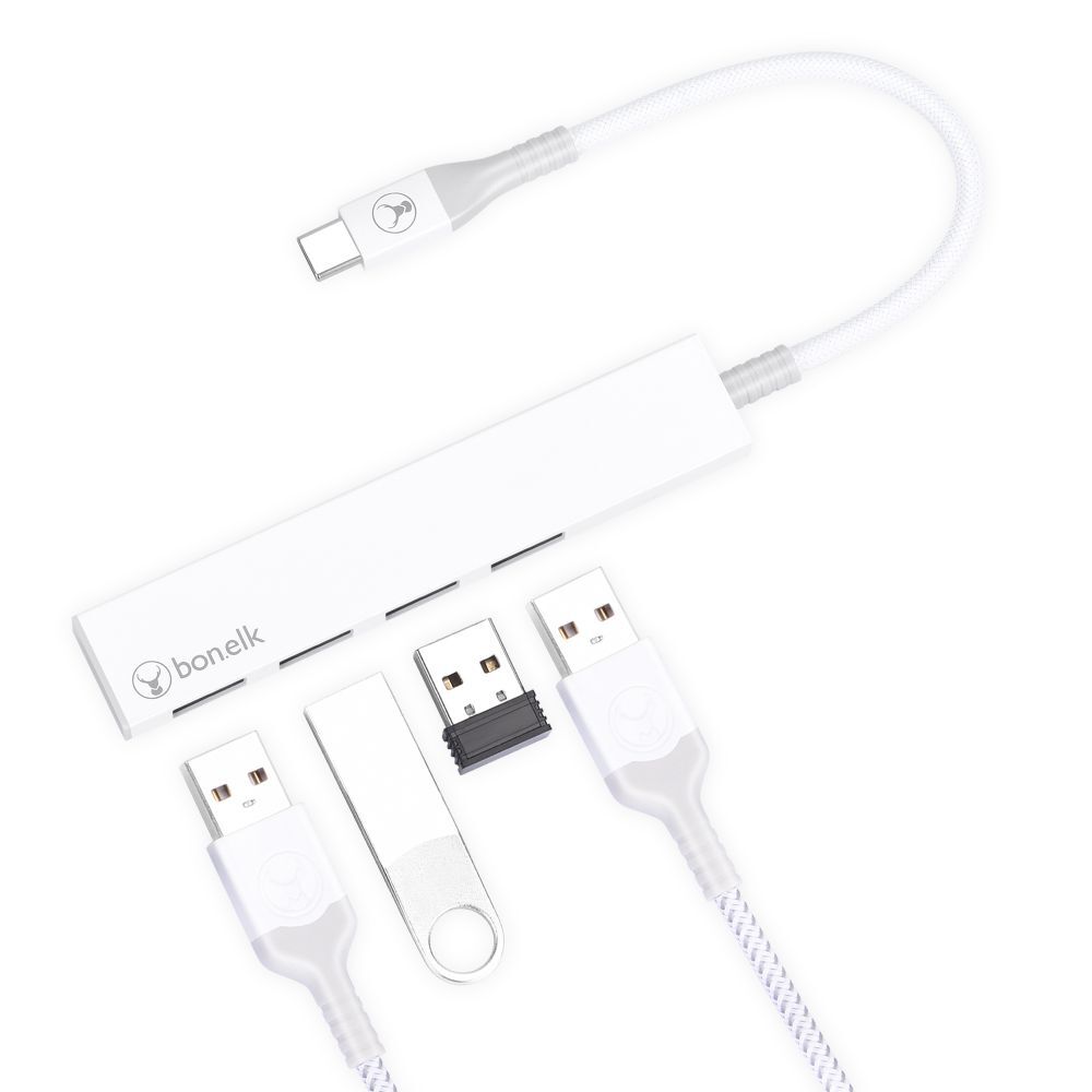 Bonelk Long-Life USB-C to 4-Port USB 3.0 Slim Hub For Laptop/PC - White
