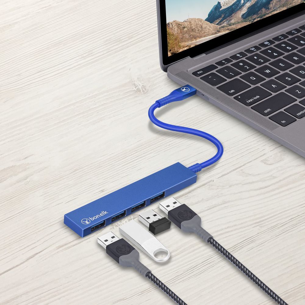 Bonelk Long-Life USB-C to 4-Port USB 3.0 Slim Hub For Laptop/PC - Blue