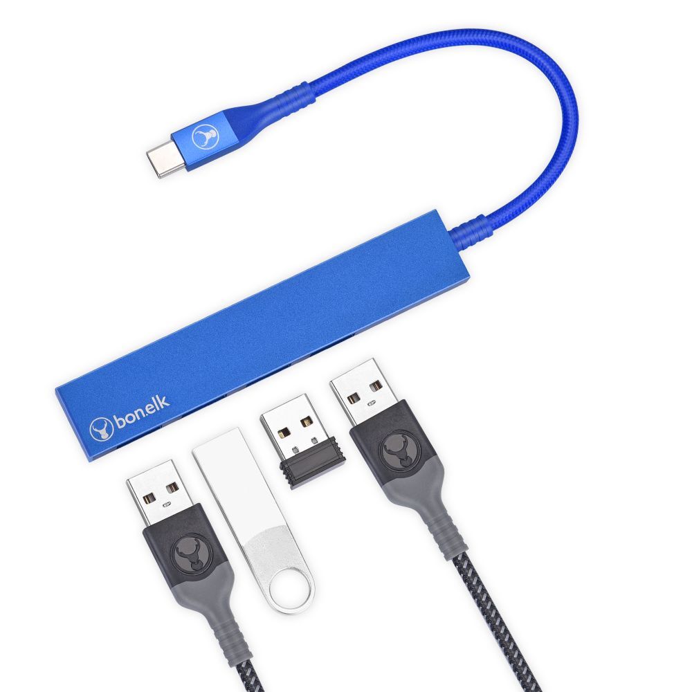 Bonelk Long-Life USB-C to 4-Port USB 3.0 Slim Hub For Laptop/PC - Blue