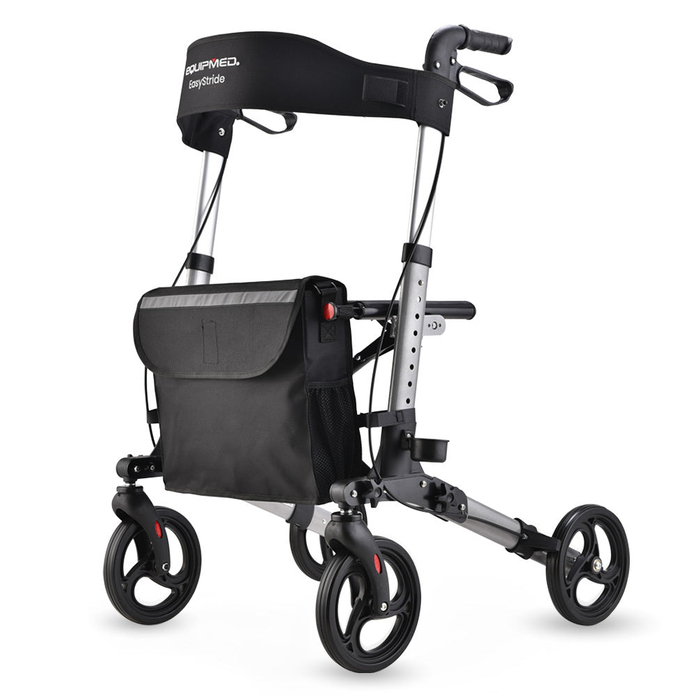 EQUIPMED Foldable Aluminium Walking Frame Rollator with Bag and Seat, Silver