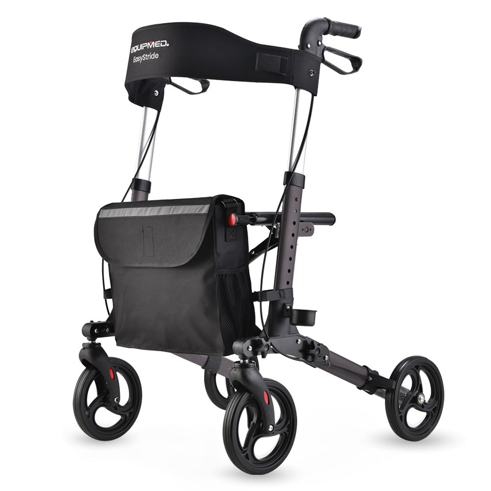 EQUIPMED Foldable Aluminium Walking Frame Rollator with Bag and Seat, Titanium Colour