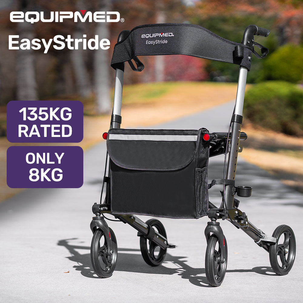 EQUIPMED Foldable Aluminium Walking Frame Rollator with Bag and Seat, Titanium Colour