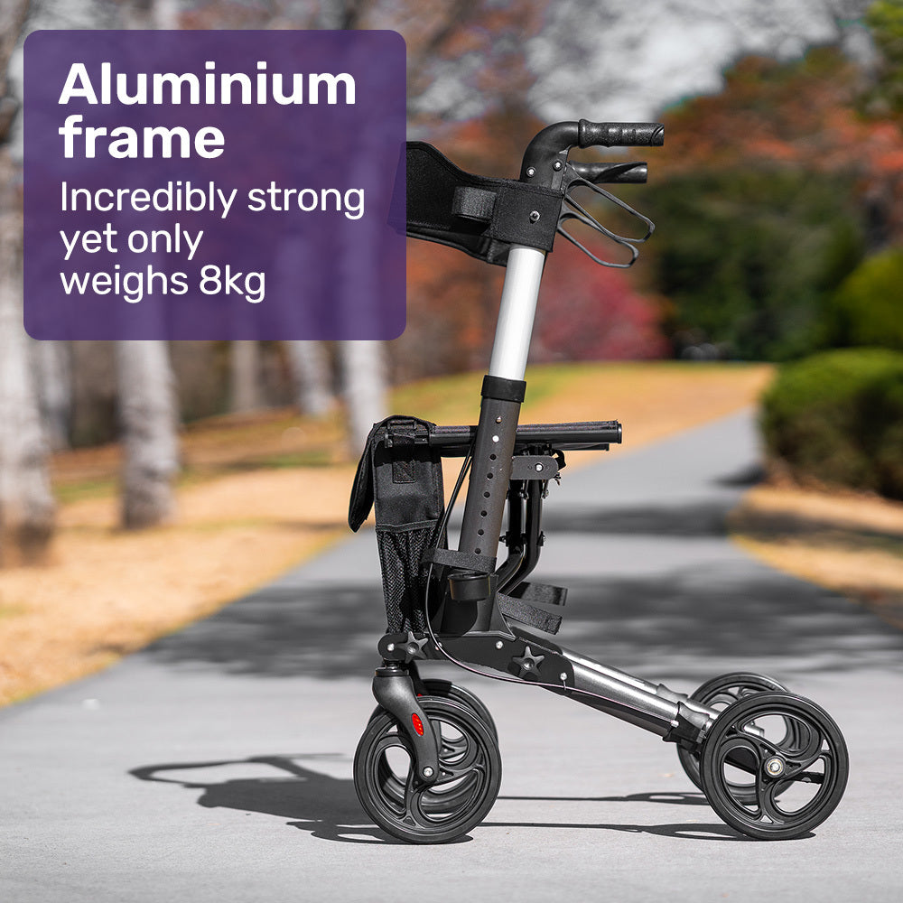 EQUIPMED Foldable Aluminium Walking Frame Rollator with Bag and Seat, Titanium Colour