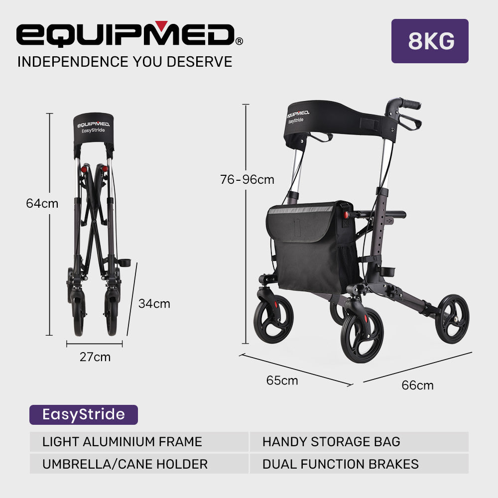 EQUIPMED Foldable Aluminium Walking Frame Rollator with Bag and Seat, Titanium Colour