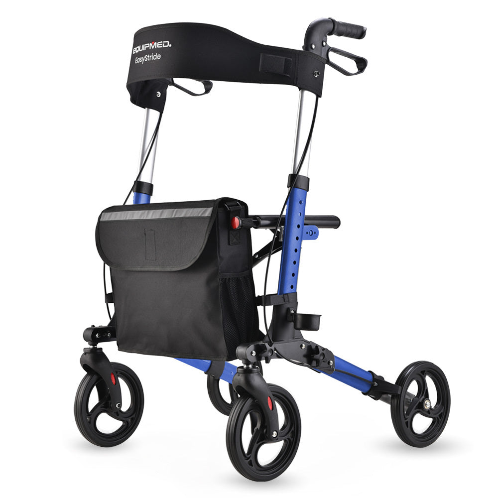 EQUIPMED Foldable Aluminium Walking Frame Rollator with Bag and Seat, Blue