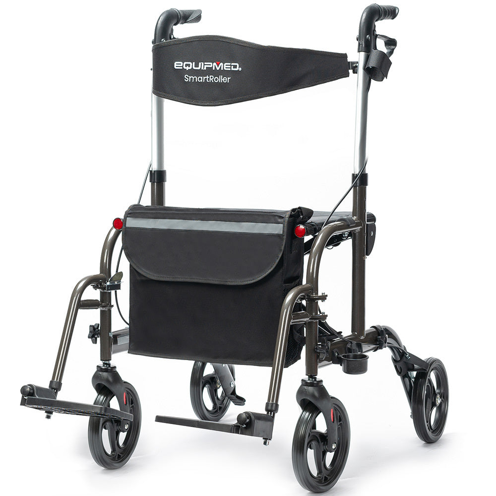 EQUIPMED 2-in-1 Foldable Aluminium Walking Frame Rollator and Transit Wheelchair with Bag, Titanium colour