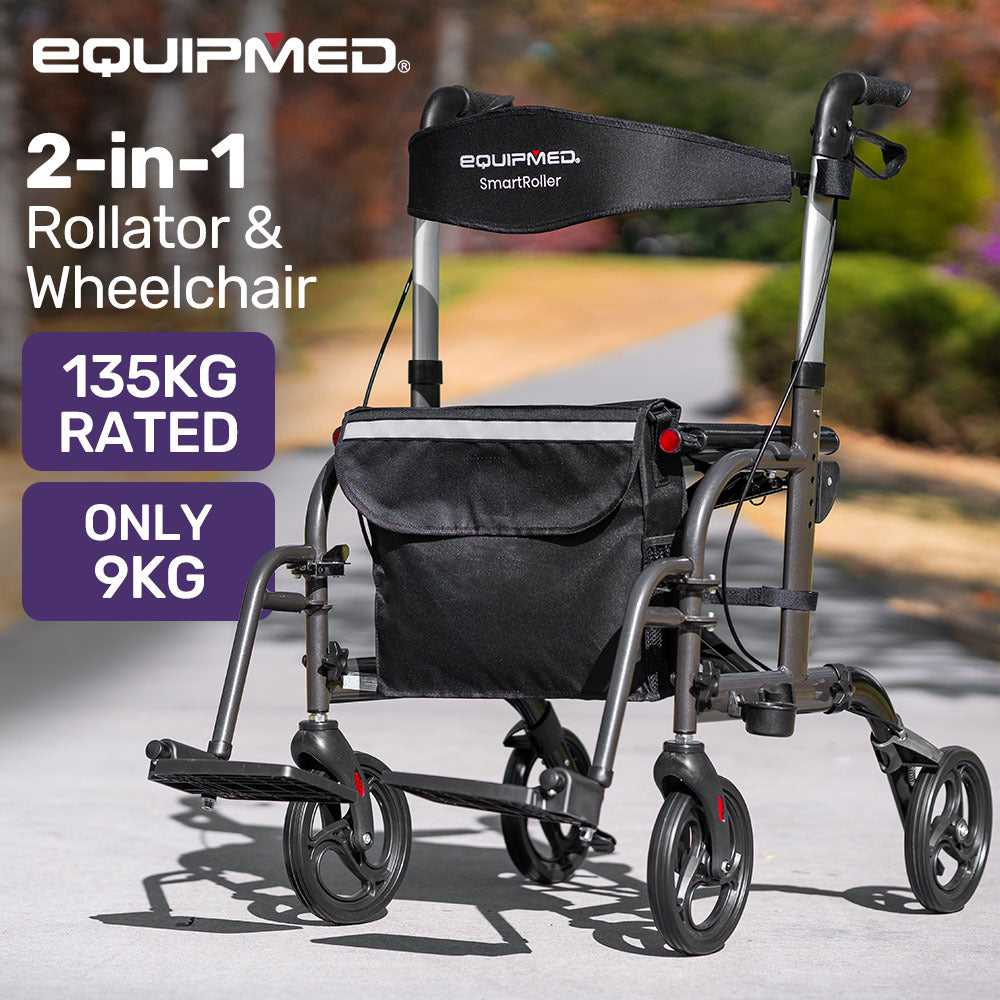 EQUIPMED 2-in-1 Foldable Aluminium Walking Frame Rollator and Transit Wheelchair with Bag, Titanium colour