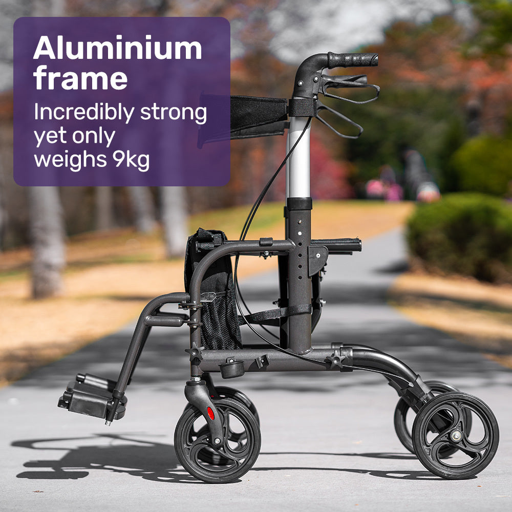 EQUIPMED 2-in-1 Foldable Aluminium Walking Frame Rollator and Transit Wheelchair with Bag, Titanium colour