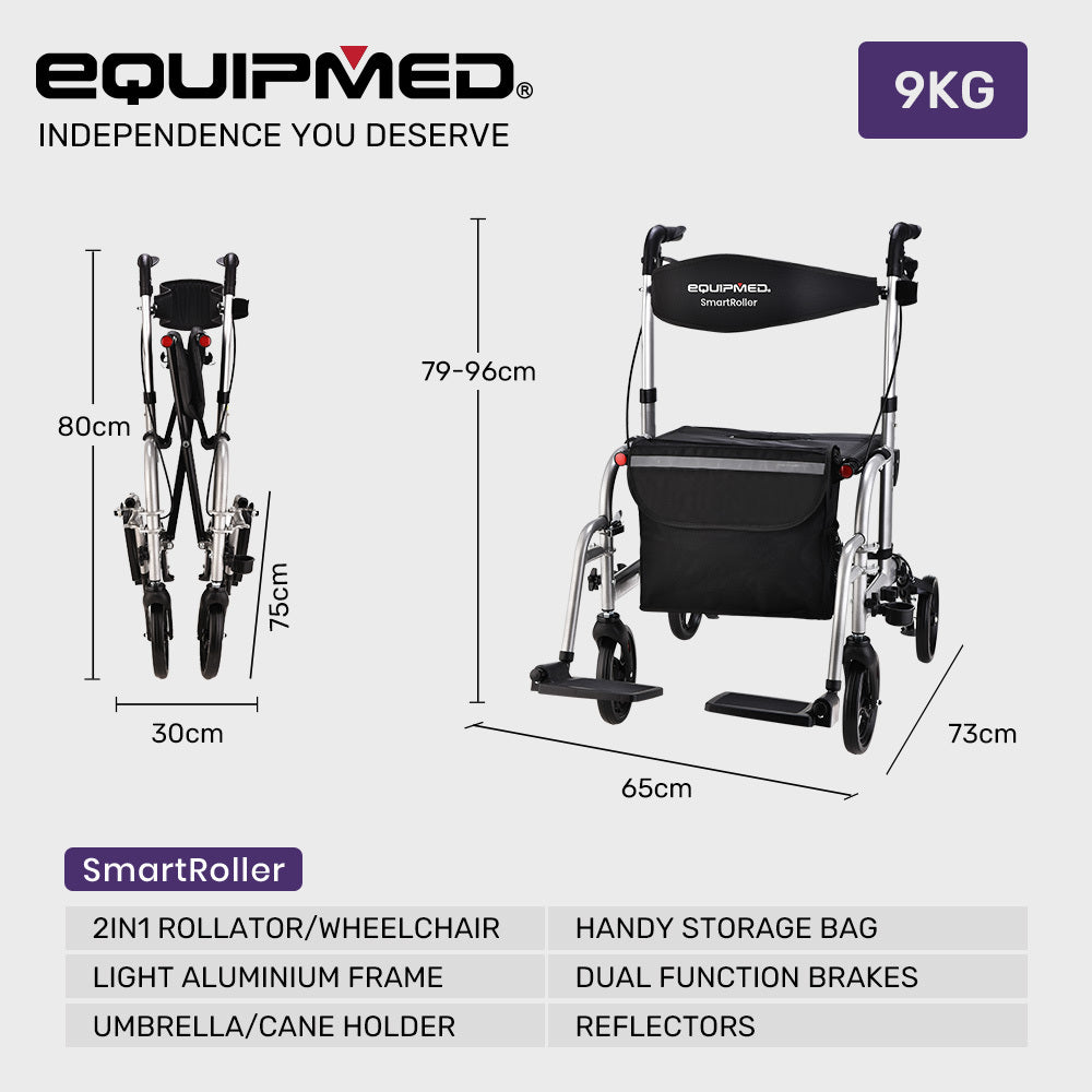 EQUIPMED 2-in-1 Folding Rollator Wheelchair Adjustable Mobility Walker w/ Park Brakes &amp; Bag, Silver