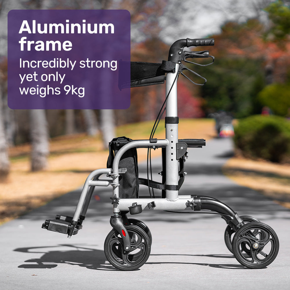 EQUIPMED 2-in-1 Folding Rollator Wheelchair Adjustable Mobility Walker w/ Park Brakes &amp; Bag, Silver