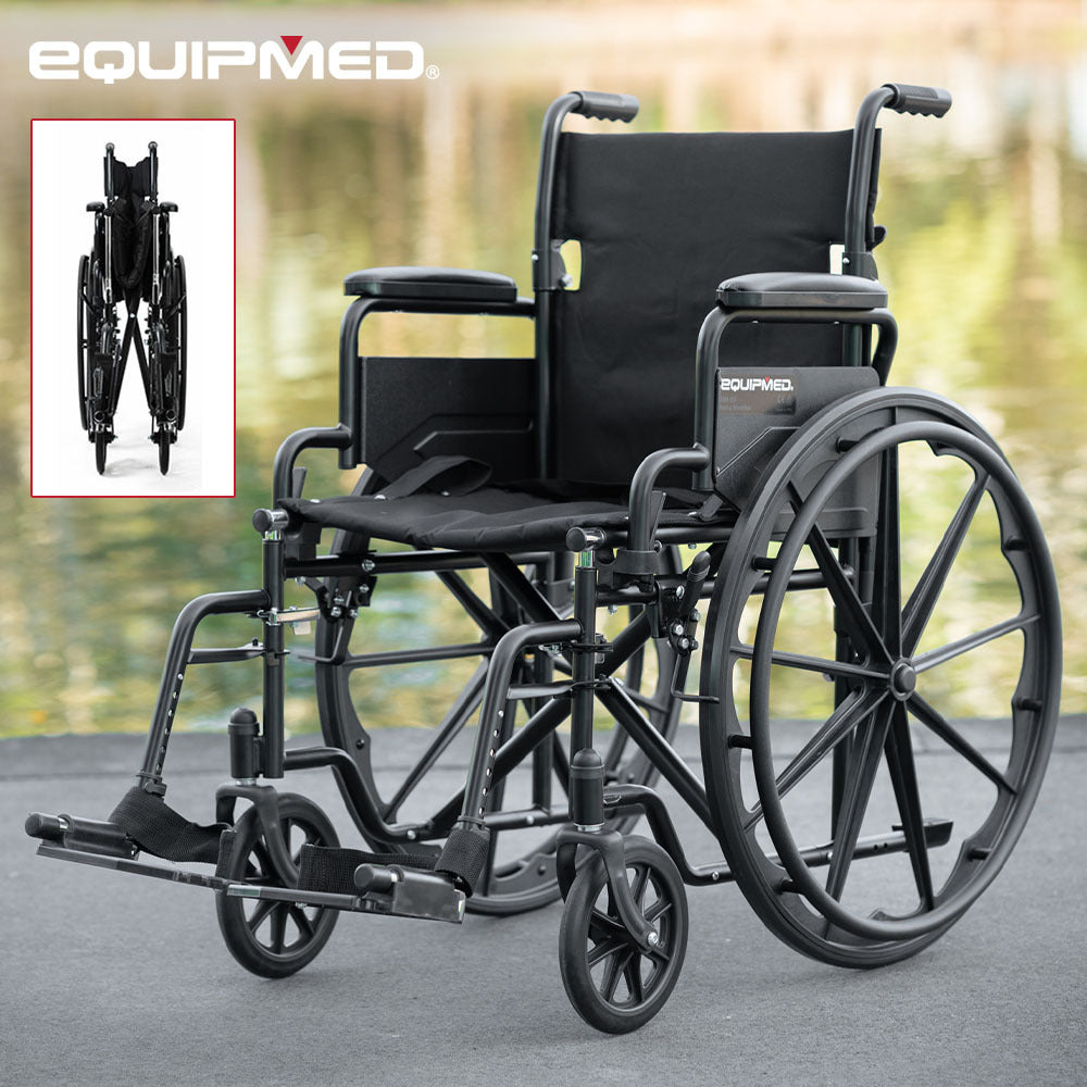 EQUIPMED Portable Folding Wheelchair 24 Inch 136kg Capacity Wheel Chair Retractable Armrests, Black