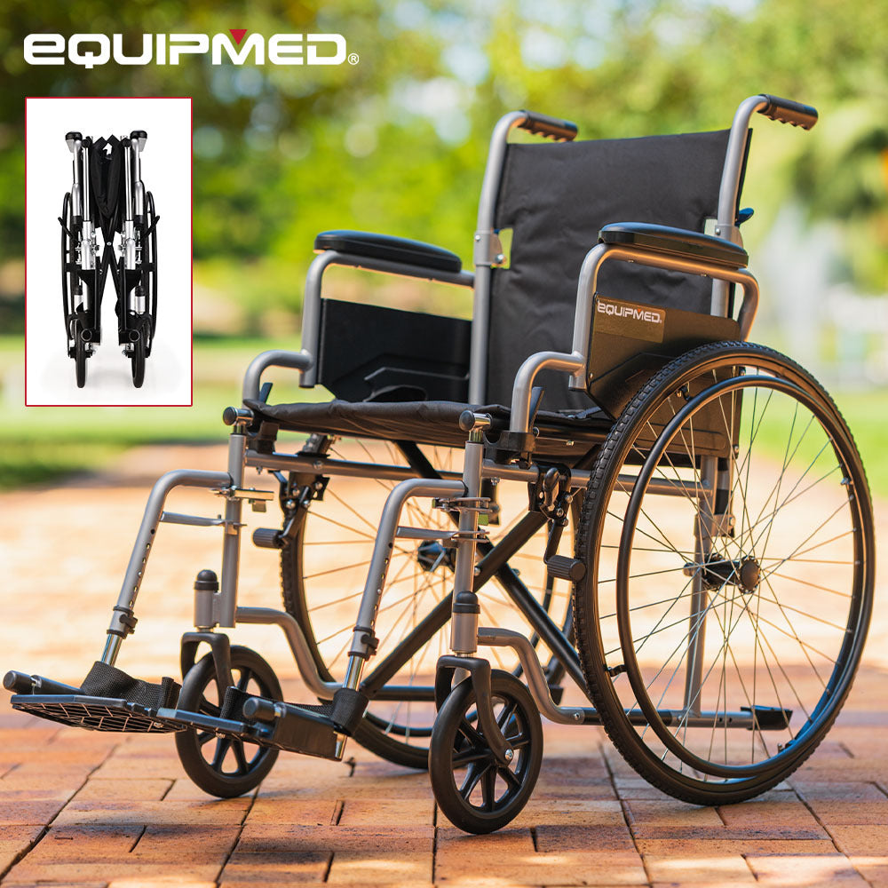 EQUIPMED 24 Inch Folding Wheelchair Lightweight Portable for Elderly and Disabled, Grey