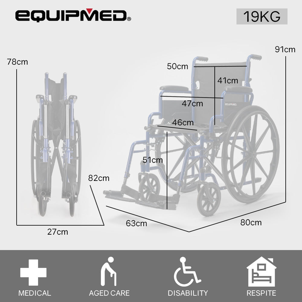 EQUIPMED 24 Inch Folding Wheelchair Lightweight Portable Mobility 136kg Capacity with Park Brakes