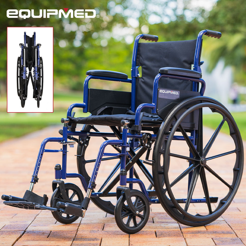 EQUIPMED 24 Inch Folding Wheelchair Lightweight Portable Mobility 136kg Capacity with Park Brakes