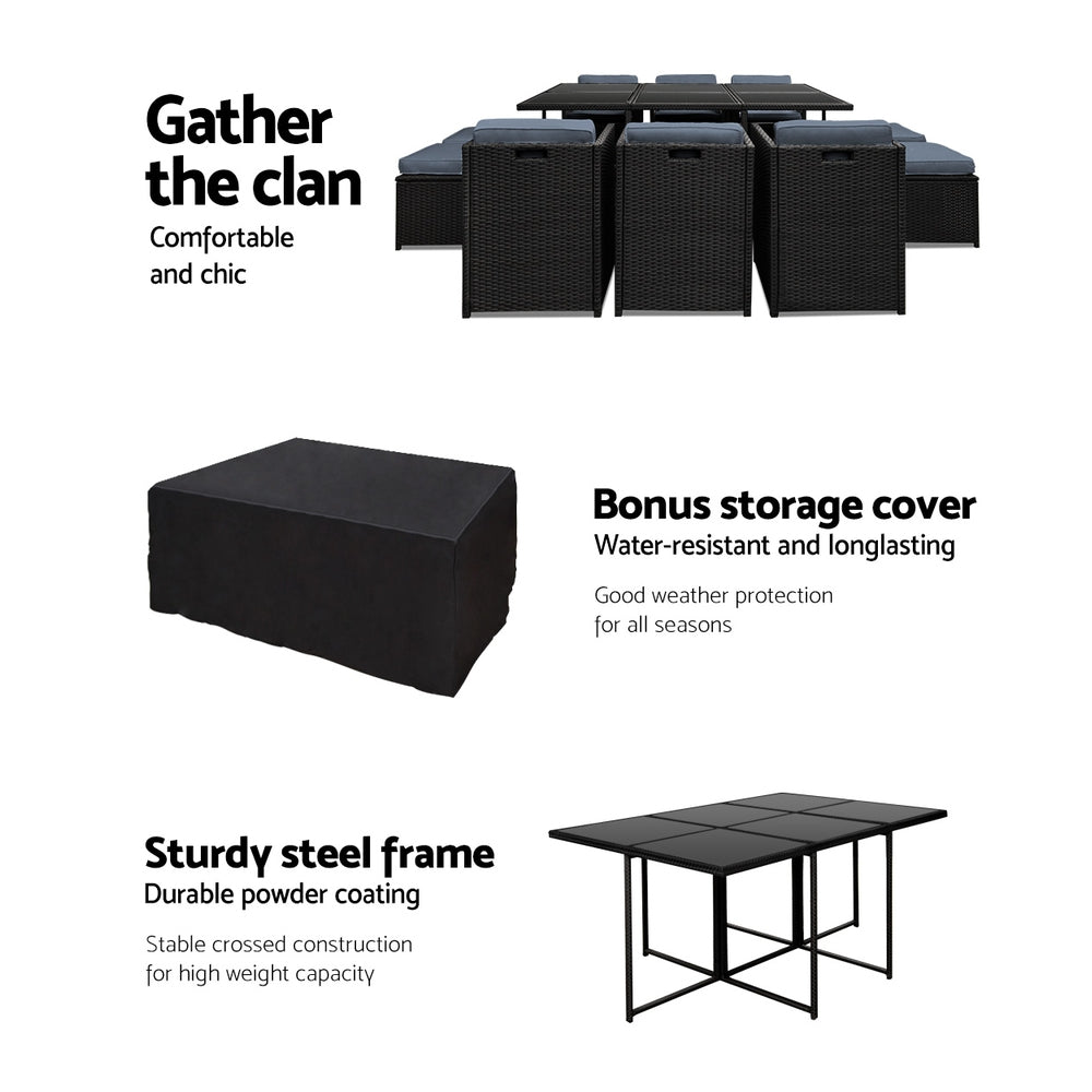 Gardeon 11 Piece PE Wicker Outdoor Dining Set - Black