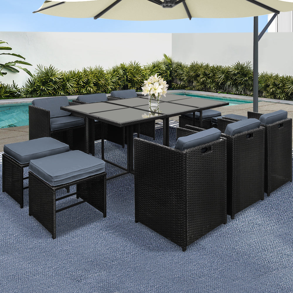 Gardeon 11 Piece PE Wicker Outdoor Dining Set - Black