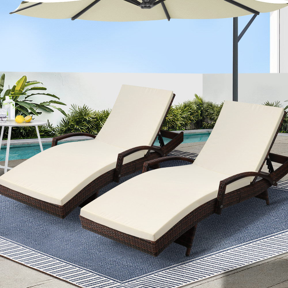 Gardeon 2x Outdoor Sun Wicker Lounger Brown