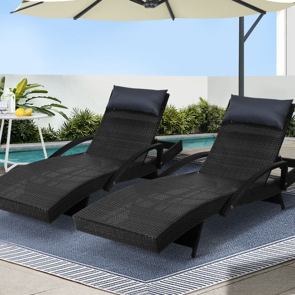 Gardeon 2x Outdoor Sun Wicker Lounger Black