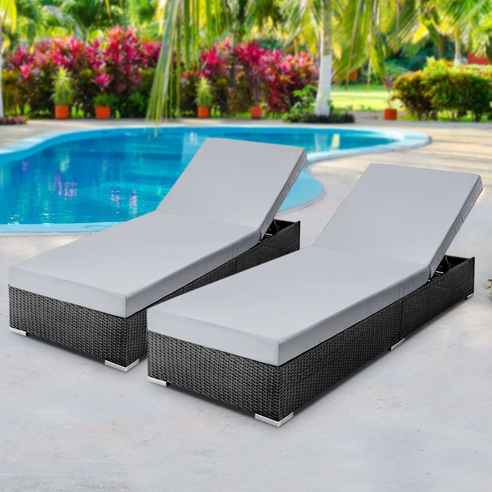 Gardeon 2 Piece Outdoor Sun Wicker Lounger Black