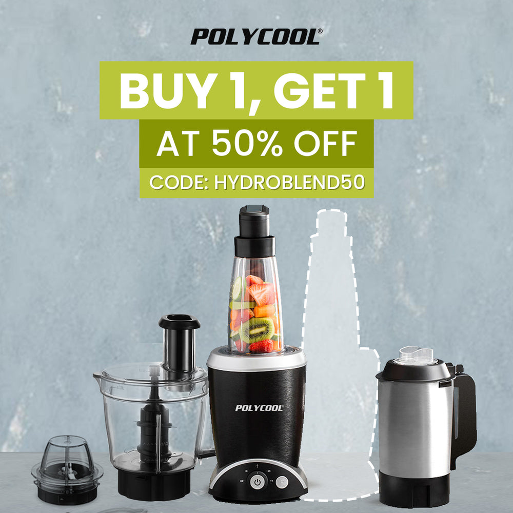 POLYCOOL 1000W 10in1 Vacuum Blender, 700ml Capacity, With Heating Jug, Grinder Cup, Food Processor