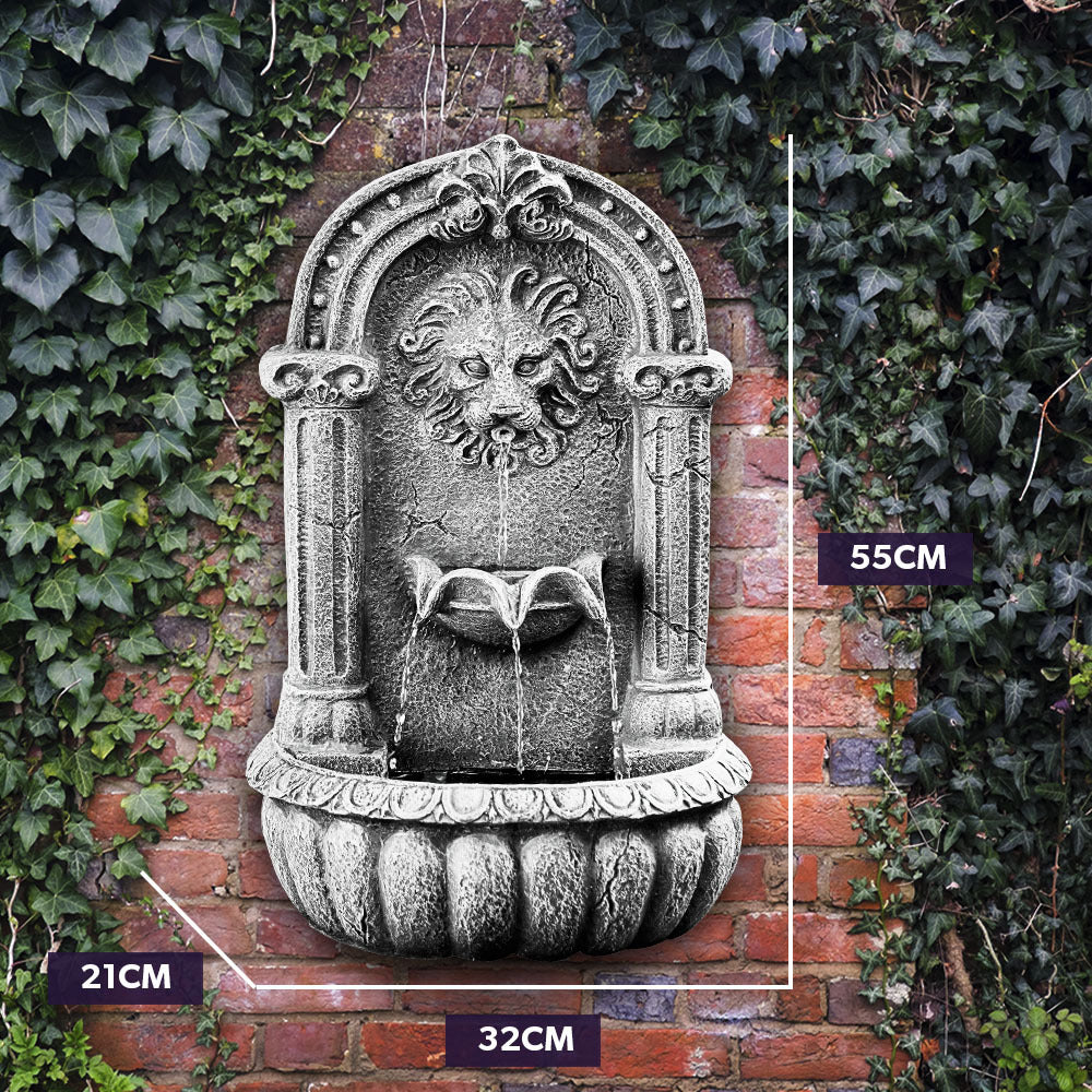 PROTEGE Lion Head Solar Powered Water Feature Fountain, Traditional Design, with Panel Kit, LED Lights