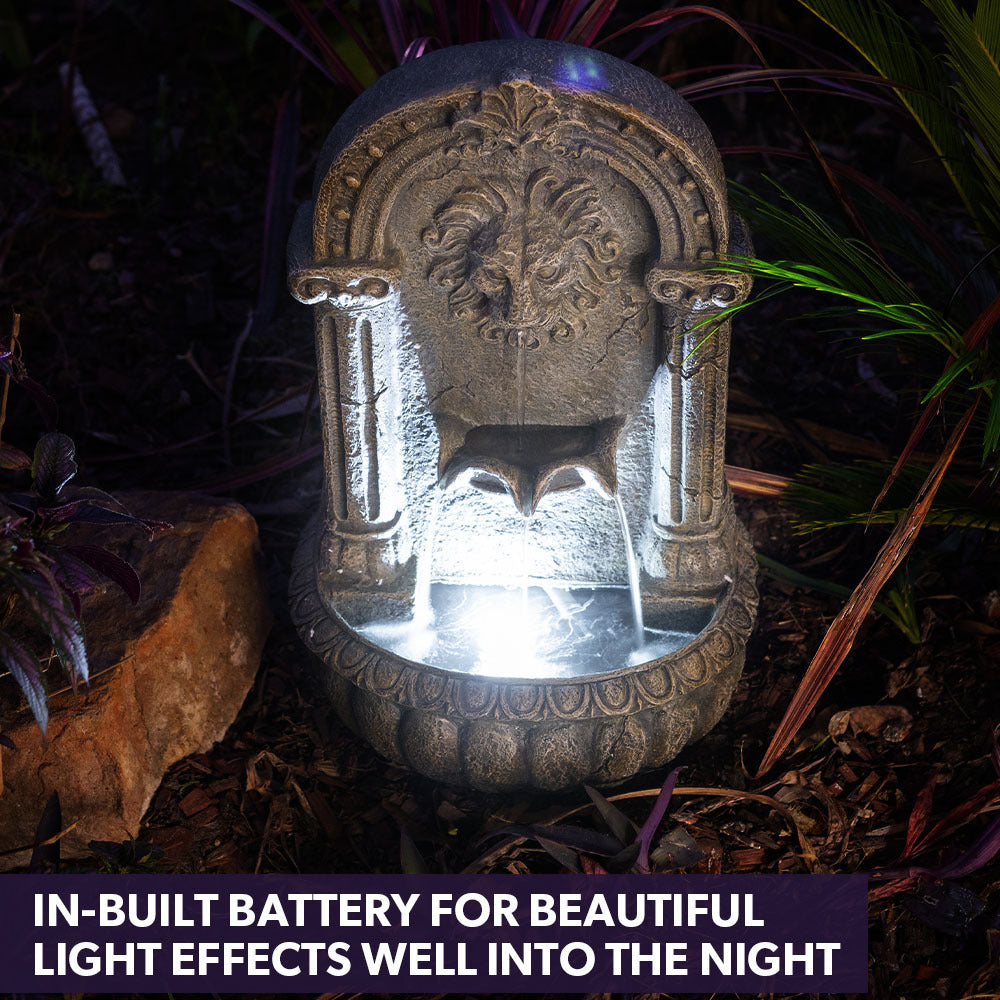 PROTEGE Lion Head Solar Powered Water Feature Fountain, Traditional Design, with Panel Kit, LED Lights