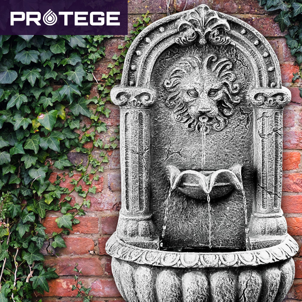 PROTEGE Lion Head Solar Powered Water Feature Fountain, Traditional Design, with Panel Kit, LED Lights