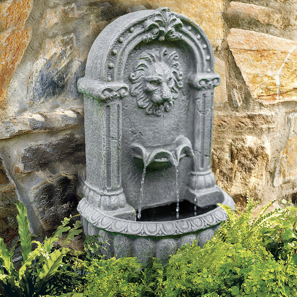 PROTEGE Lion Head Solar Powered Water Feature Fountain, Traditional Design, with Panel Kit, LED Lights