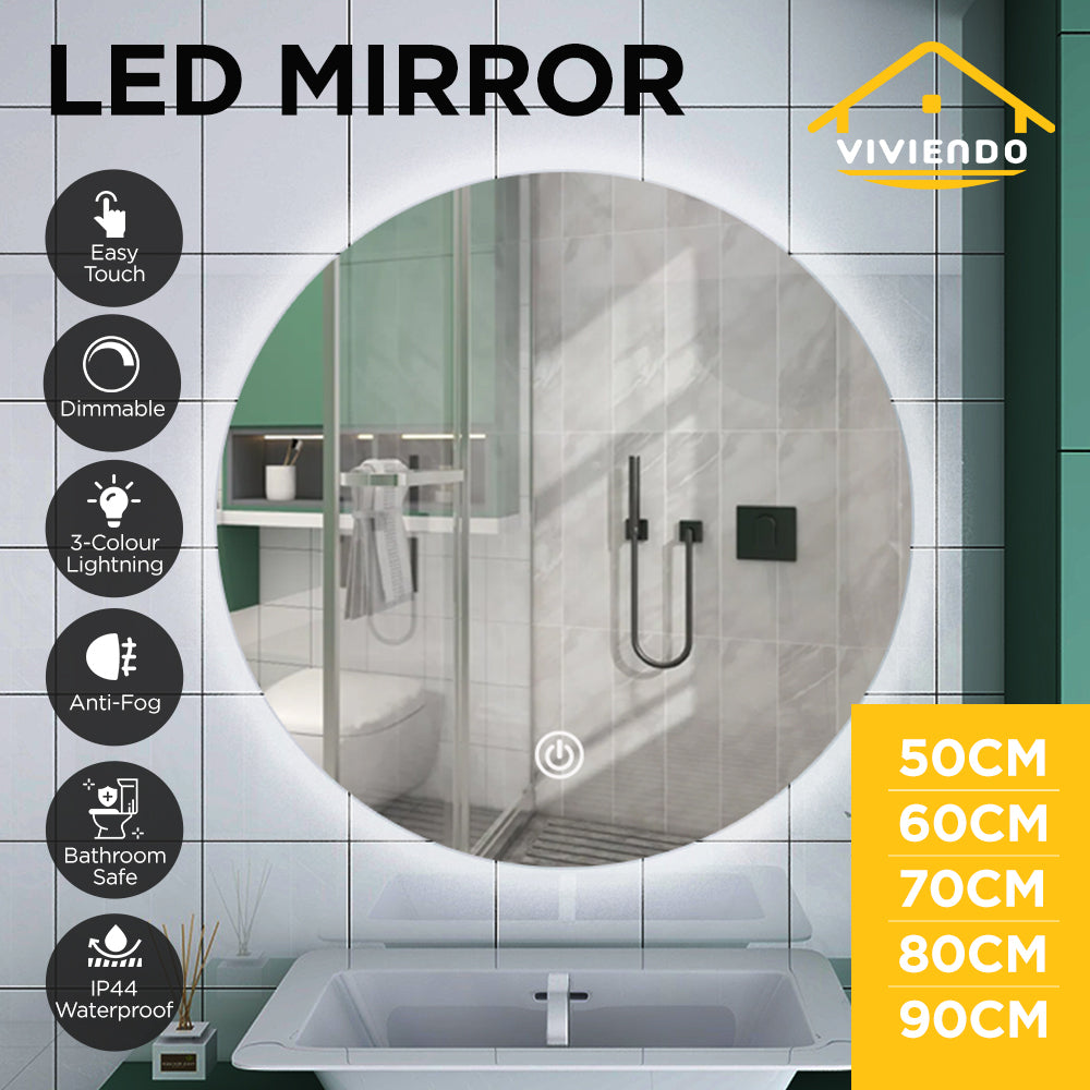 Viviendo 60cm Round LED Mirror Anti-Fog Wall Mounted Bathroom Vanity Dimmable LED Light with Touch Switch