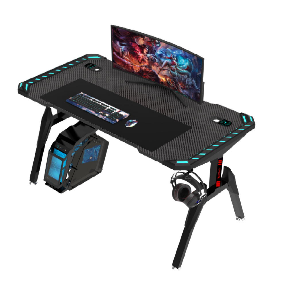 Odyssey8 1.2m Gaming Desk Office Table Desktop with LED Feature Light and USB &amp; Wireless Charger - Black