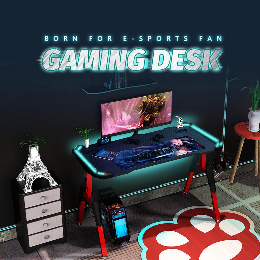 Odyssey8 1.4m Gaming Desk Office Table Desktop with LED Feature Light and USB &amp; Wireless Charger - Red