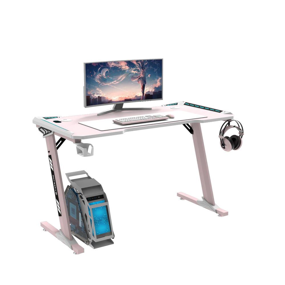 Odyssey8 1.4m Gaming Desk Office Table Desktop with LED light &amp; Effects - Pink