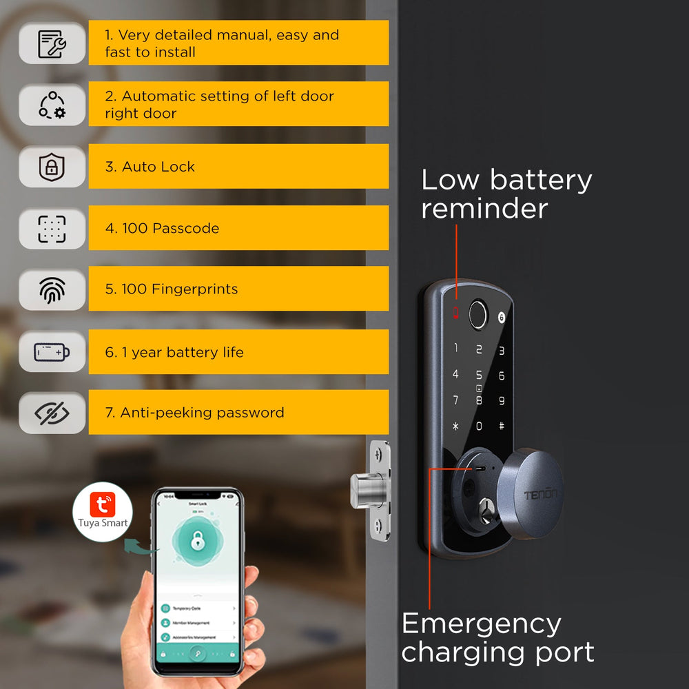 Tenon K7 Bluetooth Smart Door Lock Fingerprints Keypad Remote Access - Black