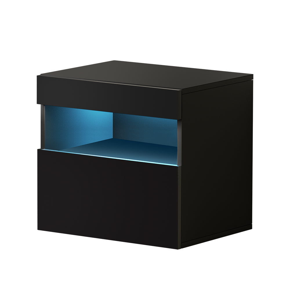 Artiss LED Bedside Table Drawer High Gloss Black