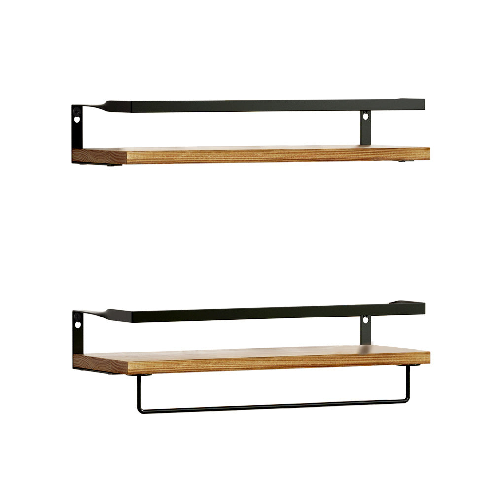 Artiss Floating Wall Shelves with Towel Bar - Set of 2