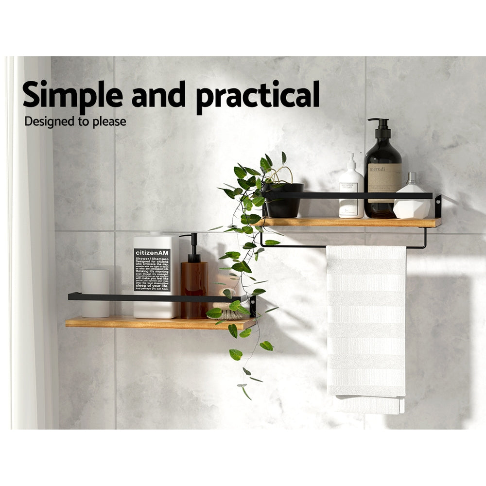 Artiss Floating Wall Shelves with Towel Bar - Set of 2