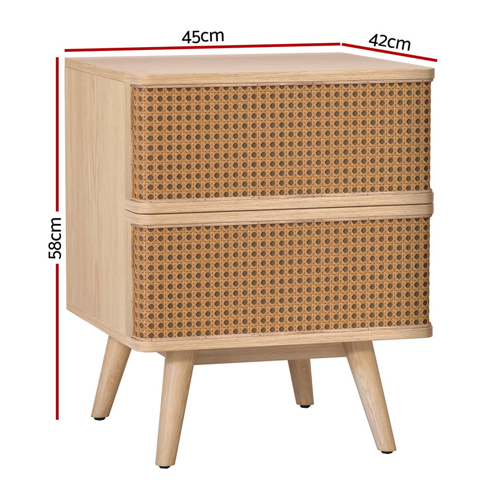 Artiss Bedside Table Rattan 2 Drawers Pine