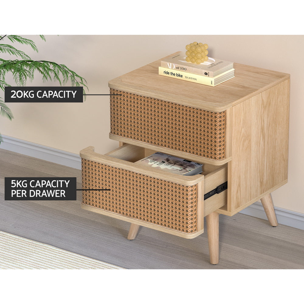 Artiss Bedside Table Rattan 2 Drawers Pine