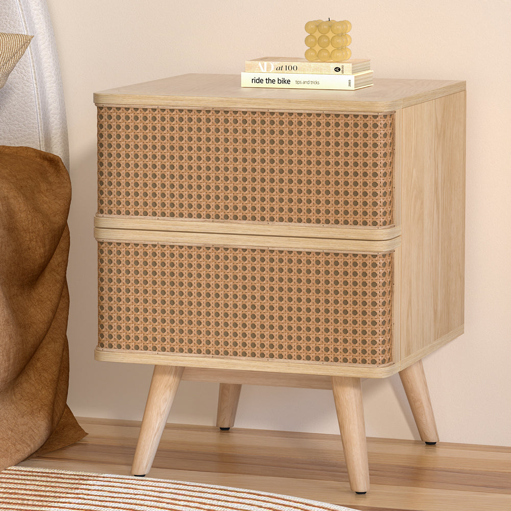 Artiss Bedside Table Rattan 2 Drawers Pine