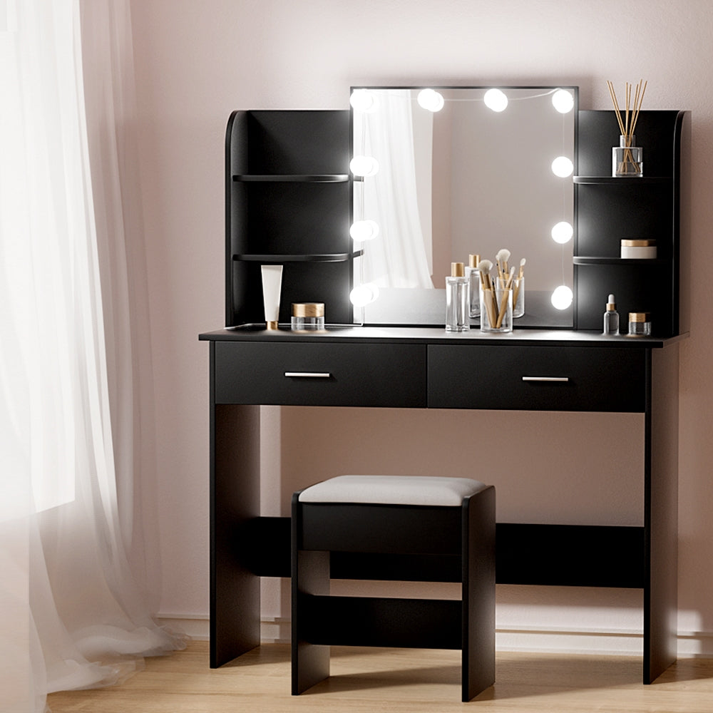 Artiss Vanity Desk LED Makeup Mirror Stool Set Black