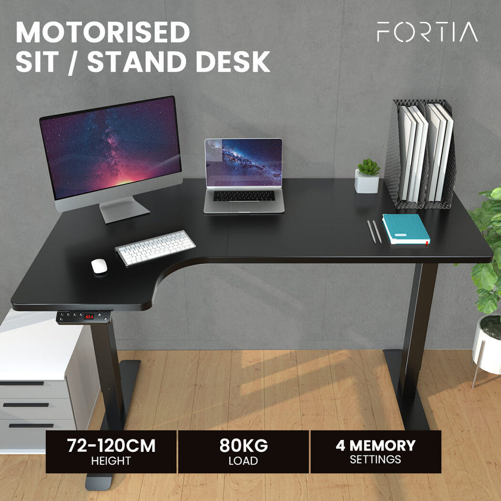 FORTIA Standing Desk Electric Dual Motor Adjustable Sit Stand L-Shaped Left 80KG Load, Black